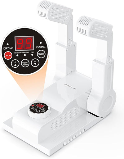 FORLIM Shoe & Boot Dryer for Work Boots, 3 Temp Modes, 24H Delay, White | Forced Warm Air for Sneakers, Gloves & Ski Gear; Smart Panel, 99-Min Timer, Toe-Reach Ports for Workers, Hunters, Rain & Snow