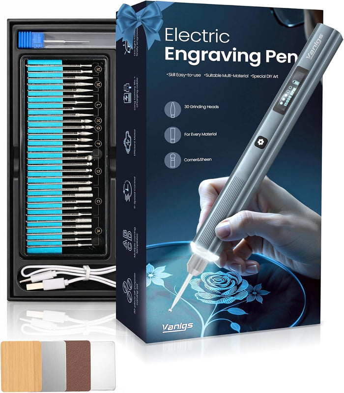 Vanlgs Engraving Pen for Metal, Wood, Glass, Plastic, Cordless DIY Etching Tool with LED Light, 5 Variable Speed, Rechargeable 31Bits Craft Kit Gifts for Teens Adults Beginners (Grey Pro)