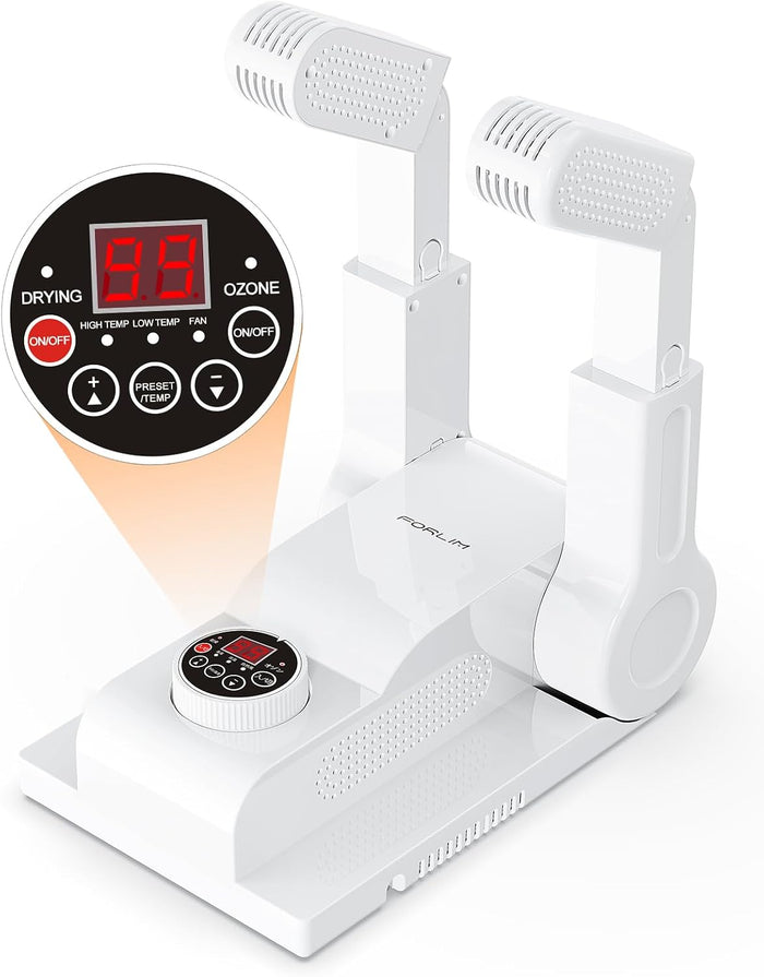 FORLIM Shoe & Boot Dryer for Work Boots, 3 Temp Modes, 24H Delay, White | Forced Warm Air for Sneakers, Gloves & Ski Gear; Smart Panel, 99-Min Timer, Toe-Reach Ports for Workers, Hunters, Rain & Snow