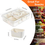Divided Serving Tray with Lid and Handle, Portable Snackle Box Container for Fruits Snacks Charcuterie Organizer, Spinning Rounded Veggie Tray for Kitchen, Party, Travel and Picnic