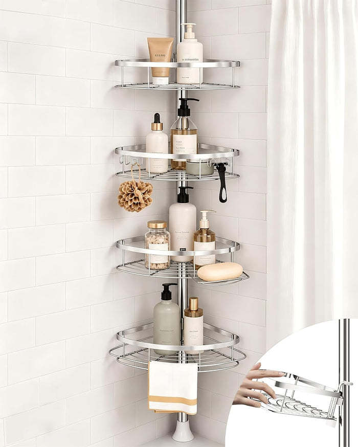 Rustproof Shower Corner Caddy Organizer for Bathroom, 4 Adjustable Shelves with Tension Pole, for Bathtub Shampoo Accessories Storage Holder, 34 to 116 Inch Height, Silver