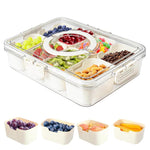 Divided Serving Tray with Lid and Handle, Portable Snackle Box Container for Fruits Snacks Charcuterie Organizer, Spinning Rounded Veggie Tray for Kitchen, Party, Travel and Picnic