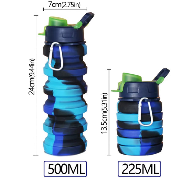 Outdoor Sports Silicone Foldable Water Bottle for Camouflage Creative Travel Reusable Leakproof Water Bottle with Carabiner